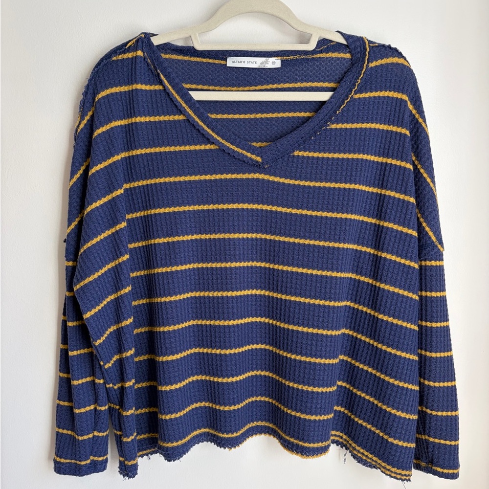 Altar’d State Flowy Blue and Yellow Striped Shirt